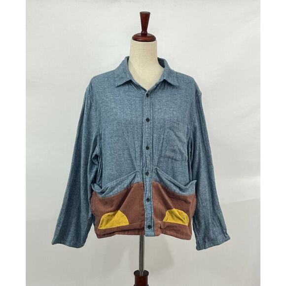 FLUX BENE OS S M Blue Sketchbook Jacket Cotton Corduroy Flannel Top Shacket Fall - Picture 1 of 8